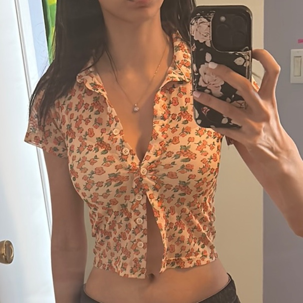 Princess Polly x MOTEL Mesh Stretchy Orange Floral Crop Top